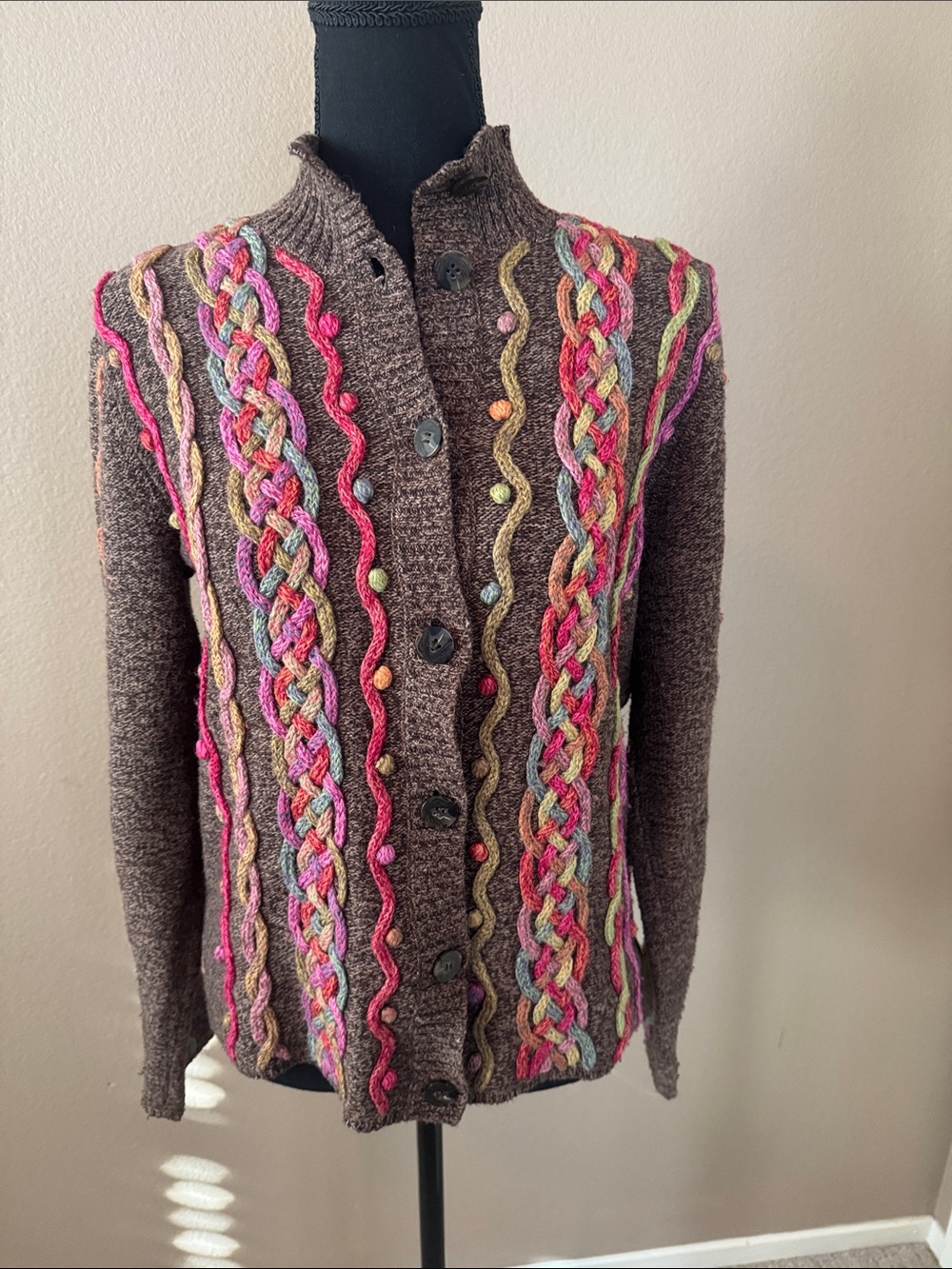 Talbots Brown Cardigan with Multicolor Braided & Wavy Trim Grandmacore